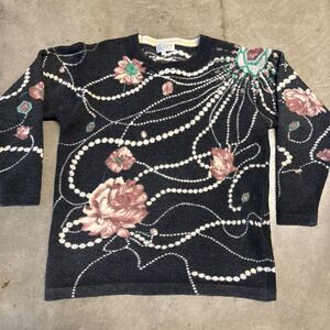Vintage Womens Luby Firenze Italy Wool M‎ Sweater Coquette Pearl Floral Grandma